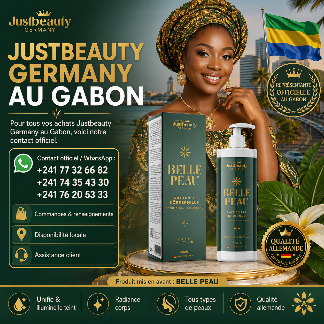 JUSTBEAUTY GERMANY AU GABON : VOS CONTACTS OFFICIELS POUR COMMANDER EN TOUTE CONFIANCE
