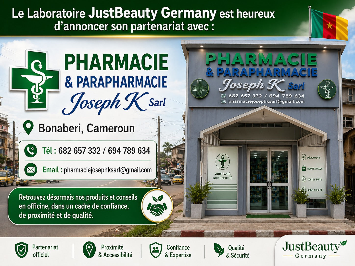 JUSTBEAUTY GERMANY désormais disponible à la Pharmacie & Parapharmacie Joseph .K Sa au Cameroun - Bonaberi