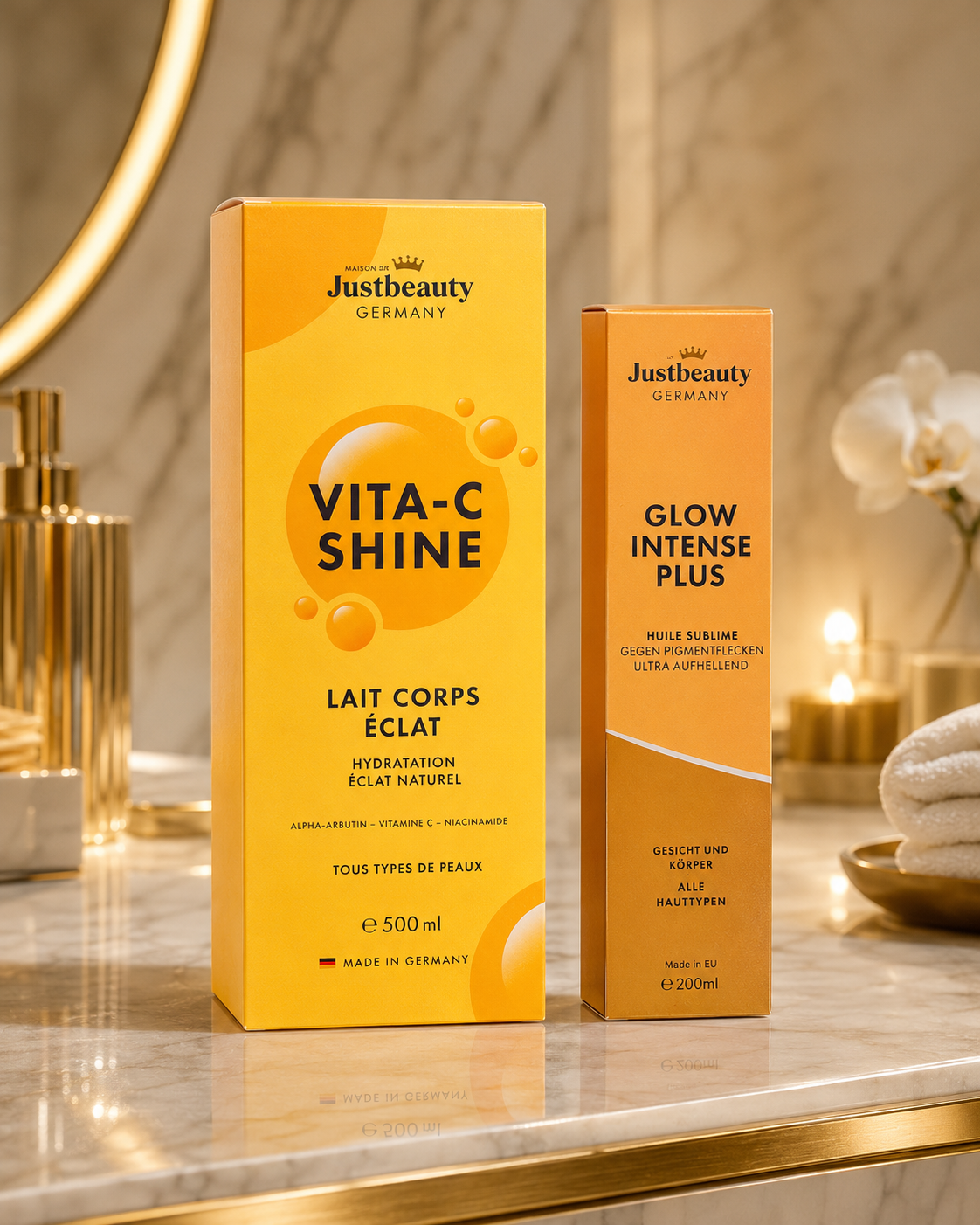 Kit Corps Glow VITAMINE C + GLOW INTENSE PLUS – Teint terne, peau fatiguée & éclat naturel | Lait Corps 500ml + Huile Booster 200ml