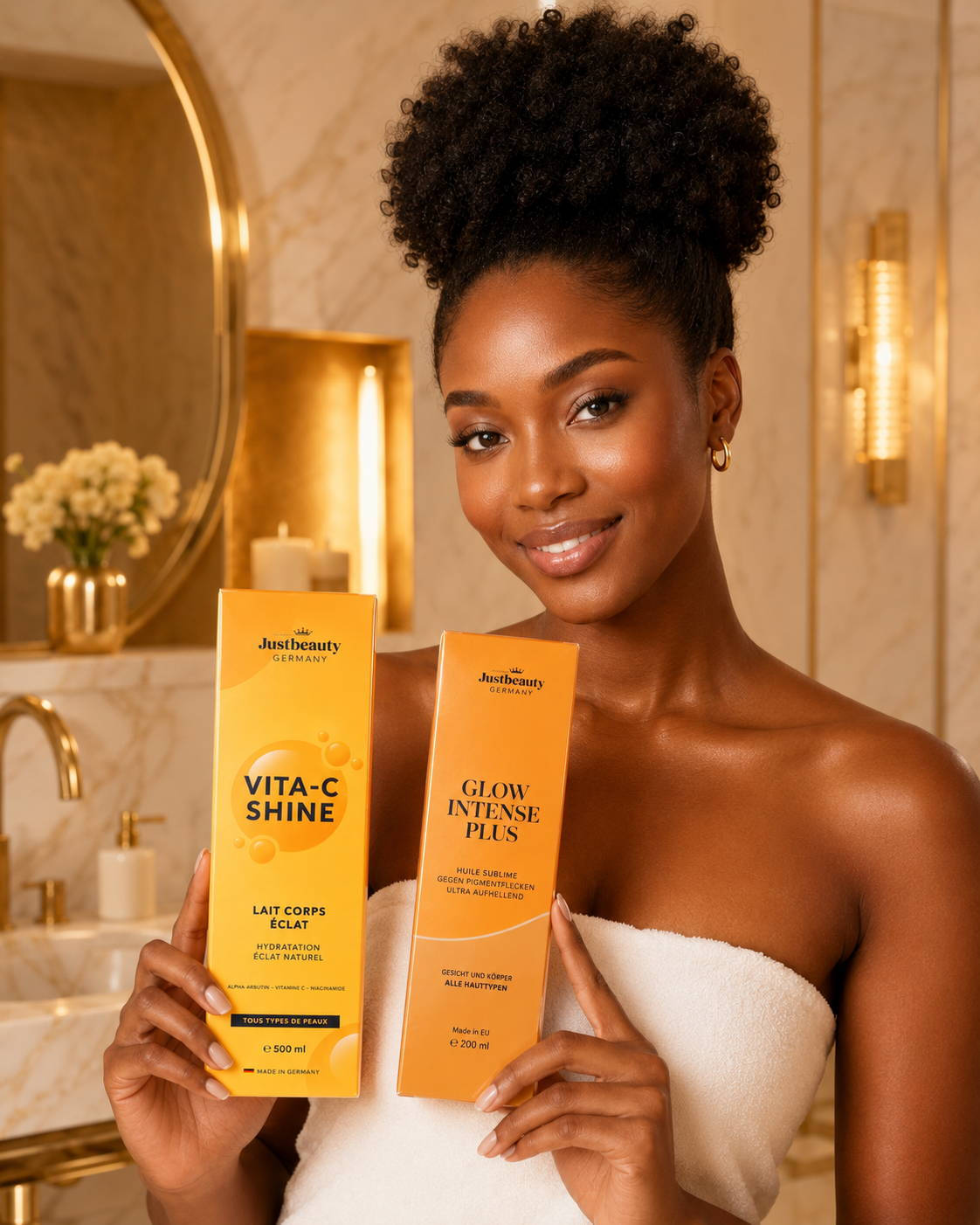 Kit Corps Glow VITAMINE C + GLOW INTENSE PLUS – Teint terne, peau fatiguée & éclat naturel | Lait Corps 500ml + Huile Booster 200ml