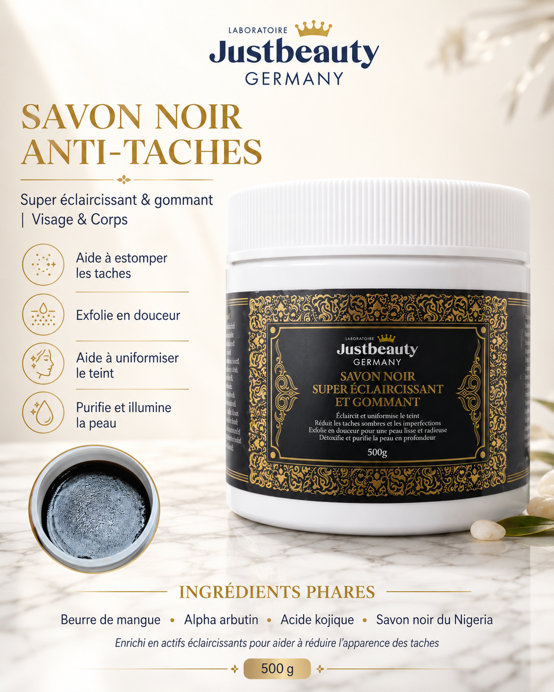 Schwarze Seife Éclat Intense 500g – Anti-Flecken, Peeling & Exfoliation für einen ebenmäßigen Teint | Gesicht & Körper