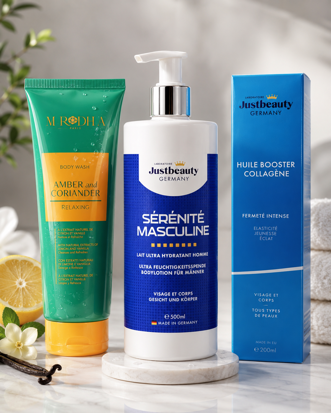 GLOW MAN TRIO – Kit Ultra-Hydratant & Jeunesse | Lait Corps + Huile Booster + Gel Douche