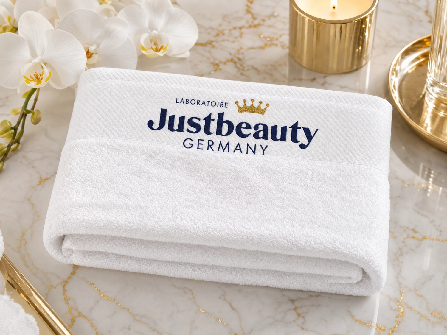 JUSTBEAUTY GERMANY PREMIUM BEAUTY TOWEL – WHITE EMBROIDERED | 80 × 50 CM