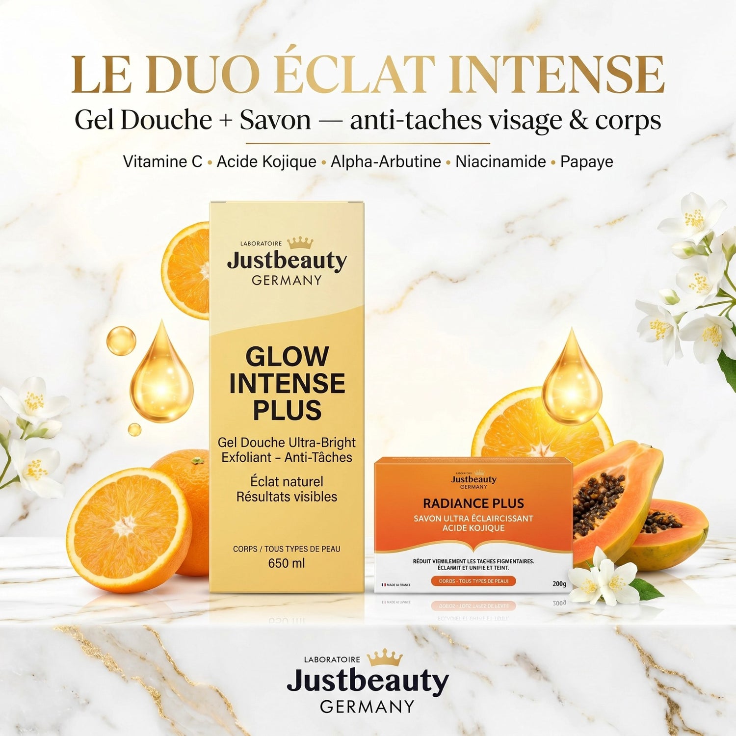 Kit Anti-Taches & Hyperpigmentation – Routine Éclat Corps pour Aider à Uniformiser le Teint avec Savon Kojique 200g + Gel Douche Éclaircissant 650ml