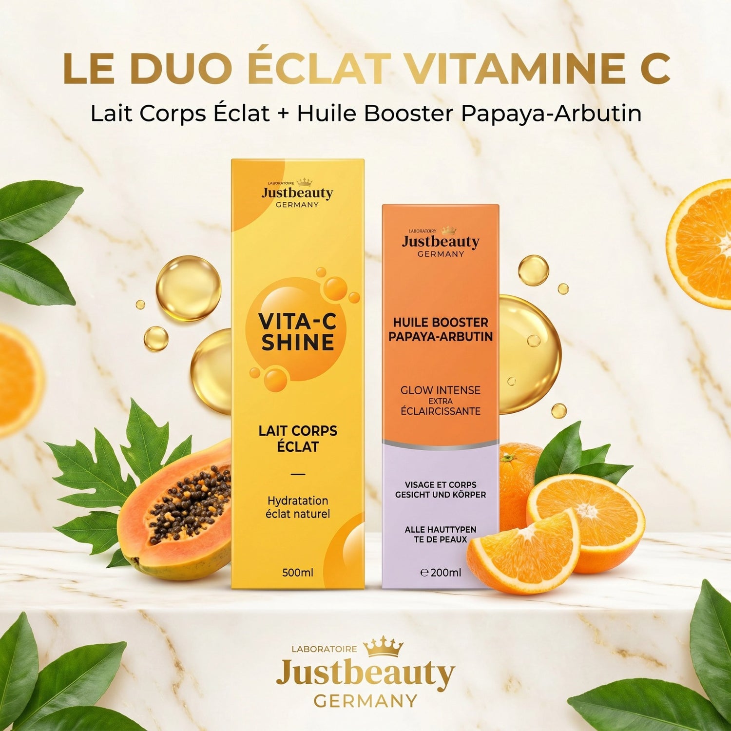 Vita C Shine – Peau Terne, Taches & Manque d’Éclat – Ma Routine Glow Femme Enceinte – Lait Corps + Huile Booster Papaye