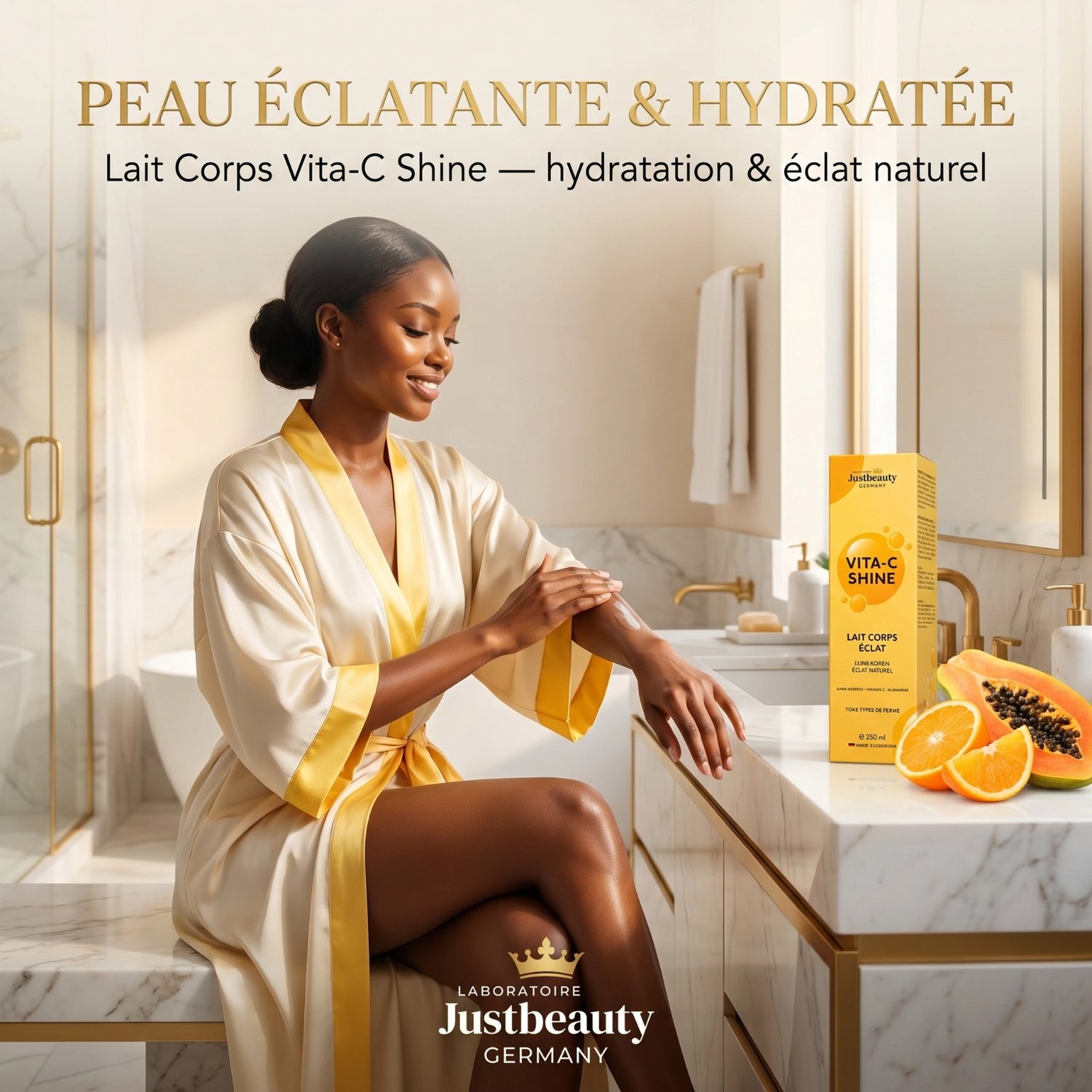 Vita C Shine – Peau Terne, Taches & Manque d’Éclat – Ma Routine Glow Femme Enceinte – Lait Corps + Huile Booster Papaye