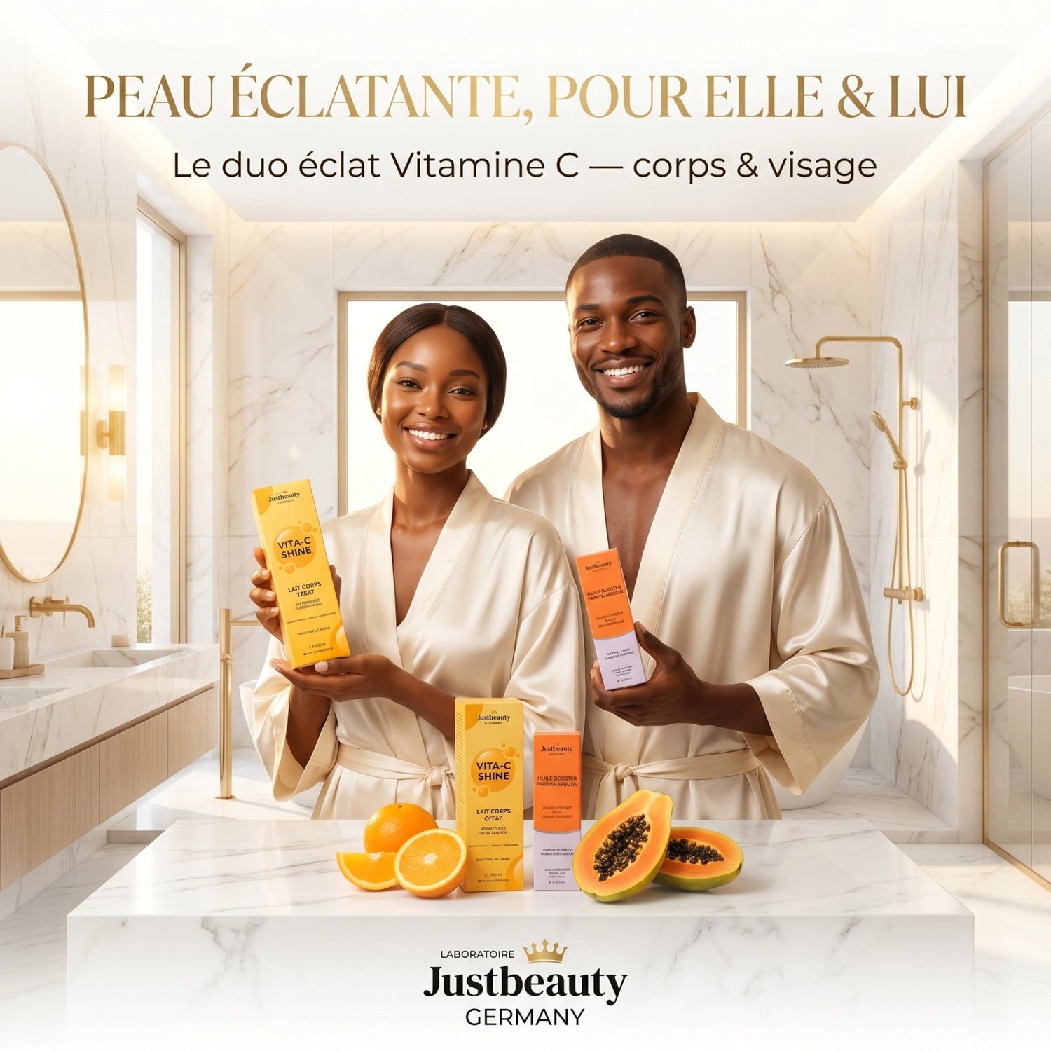 Vita C Shine – Peau Terne, Taches & Manque d’Éclat – Ma Routine Glow Femme Enceinte – Lait Corps + Huile Booster Papaye