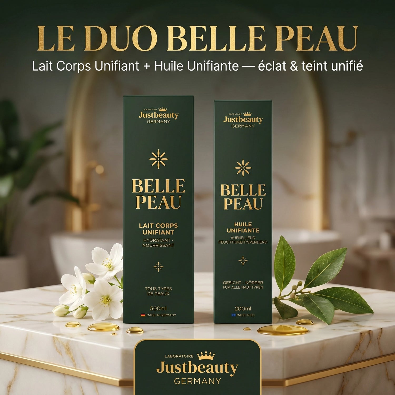 Belle Peau – Duo Révolutionnaire Éclat – Solution Anti-Taches & Teint Uniforme | Lait Corps + Huile Naturelle Booster