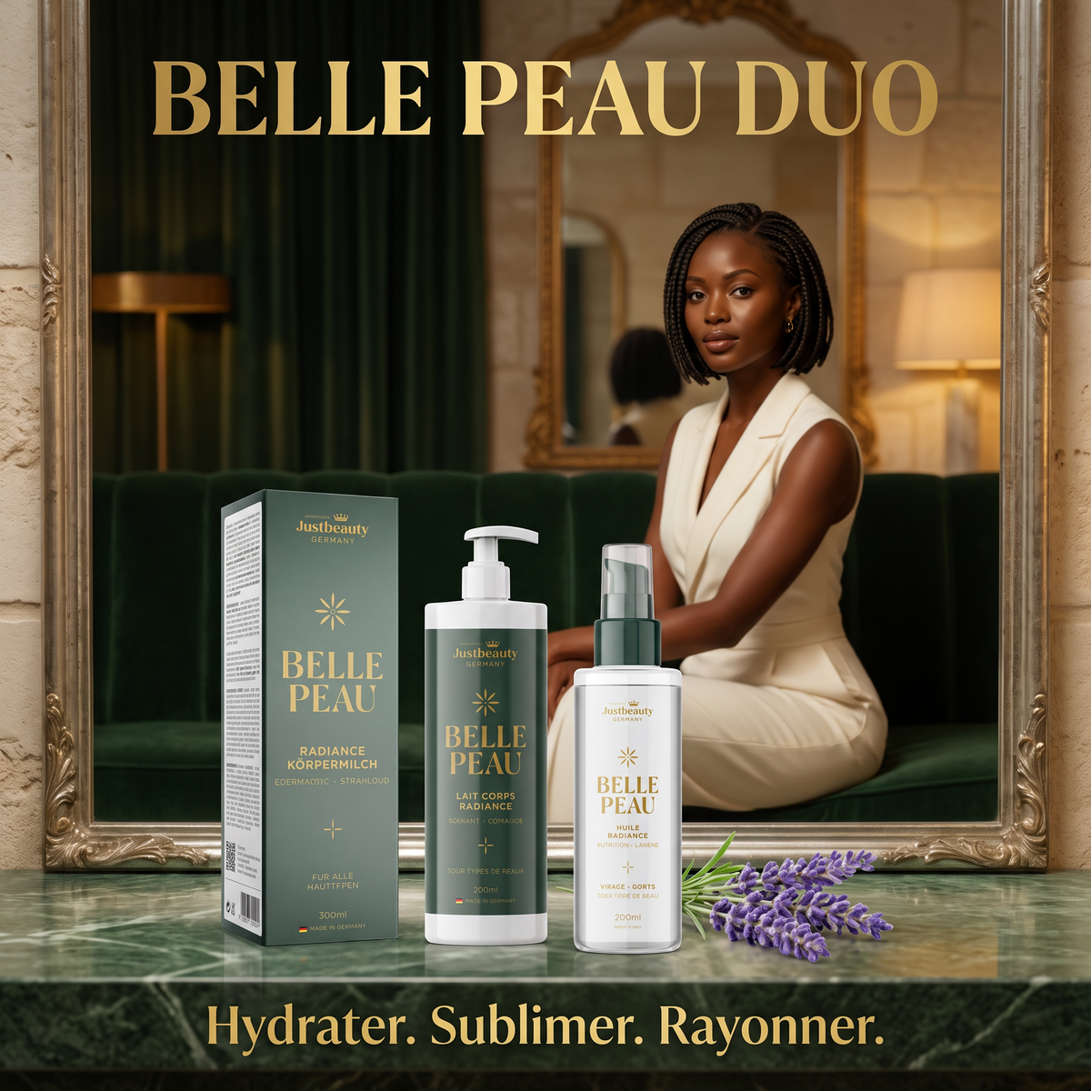 BELLE PEAU – Duo Corps Bain d’Hydratation & Éclat Satiné • Peau Souple, Lumineuse et Unifiée | Lait Corps + Huile Naturelle Booster