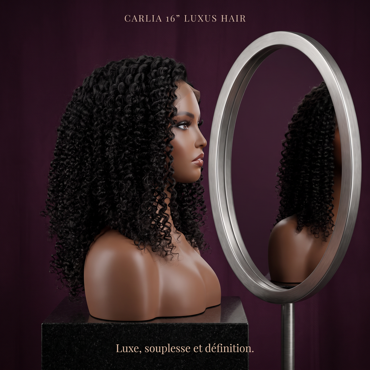 CARLIA 16″ by LUXUS HAIR — Perruque noire bouclée, volume généreux et glamour affirmé