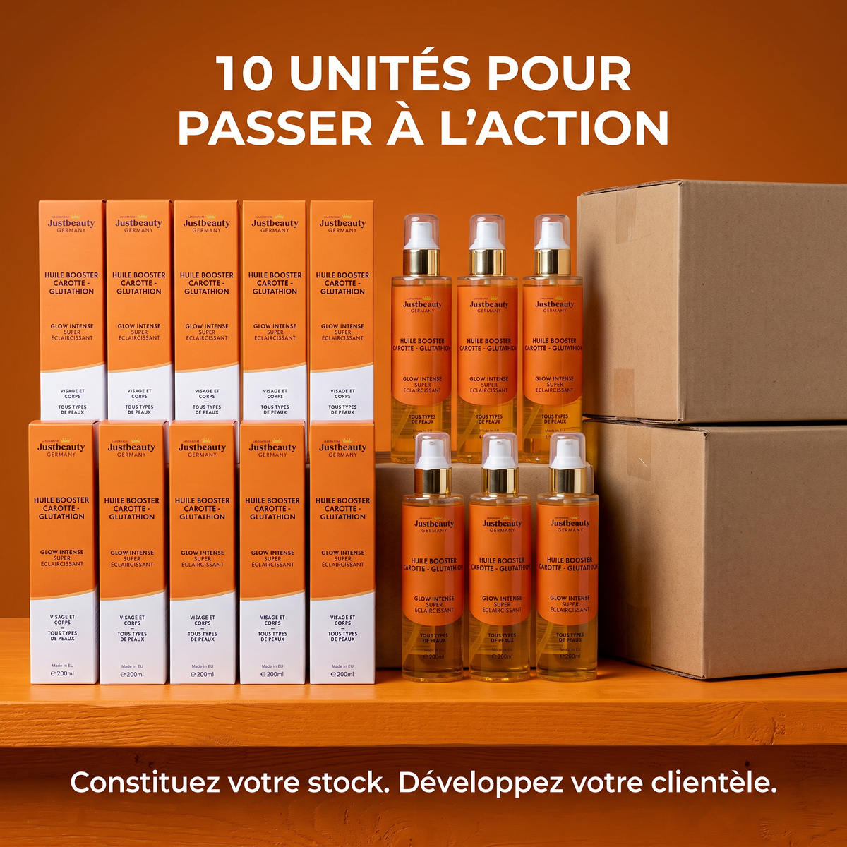 Pack Revendeur Huile Booster Carotte & Glutathion – 10 × 200 ml pour Passer de Cliente à Revendeuse