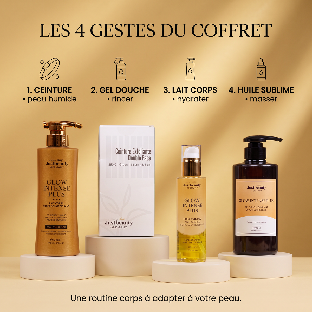 GLOW INTENSE PLUS – KIT BODY GLOW 4 PIÈCES + GANT DOS – ÉCLAIRCISSEMENT & ÉCLAT INTENSE