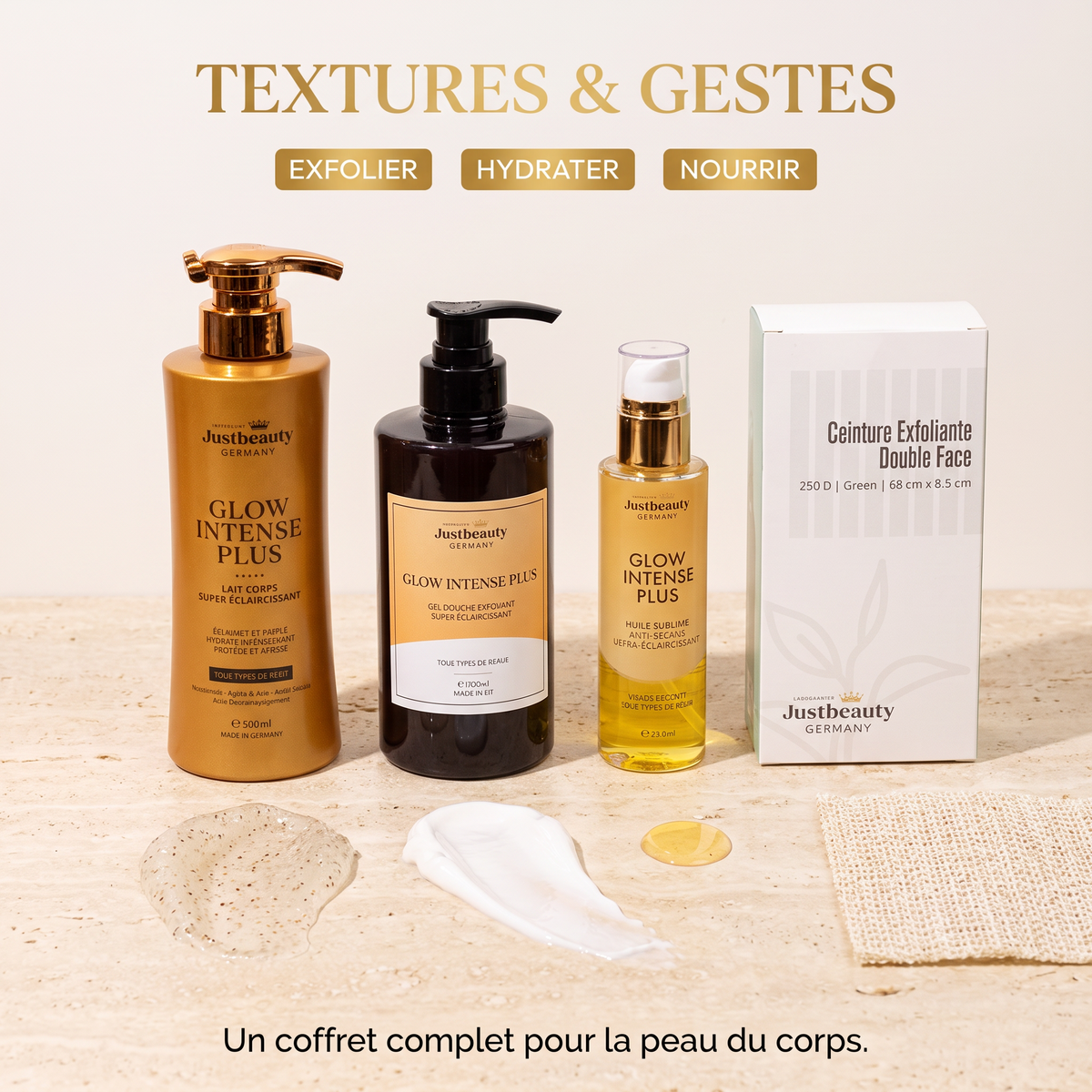 GLOW INTENSE PLUS – KIT BODY GLOW 4 PIÈCES + GANT DOS – ÉCLAIRCISSEMENT & ÉCLAT INTENSE