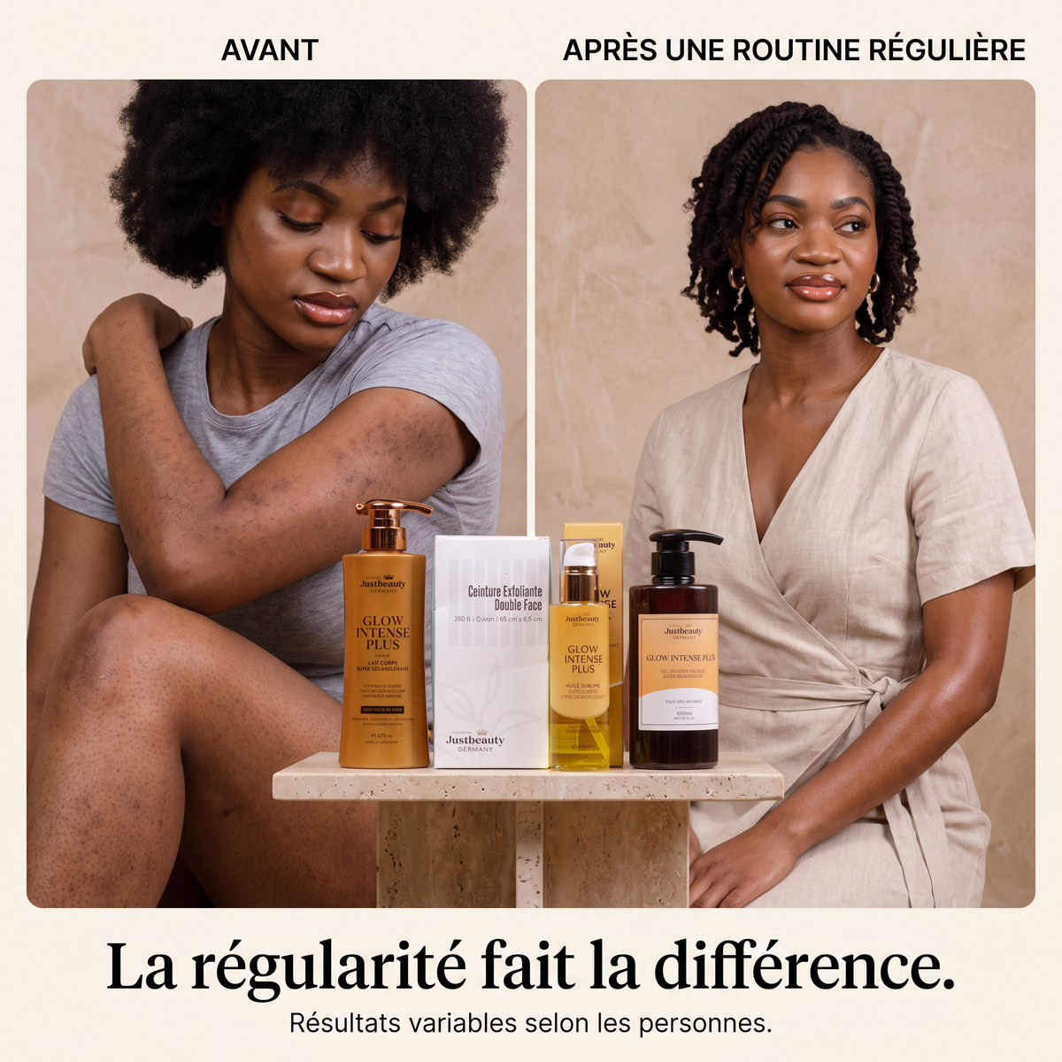 GLOW INTENSE PLUS – KIT BODY GLOW 4 PIÈCES + GANT DOS – ÉCLAIRCISSEMENT & ÉCLAT INTENSE