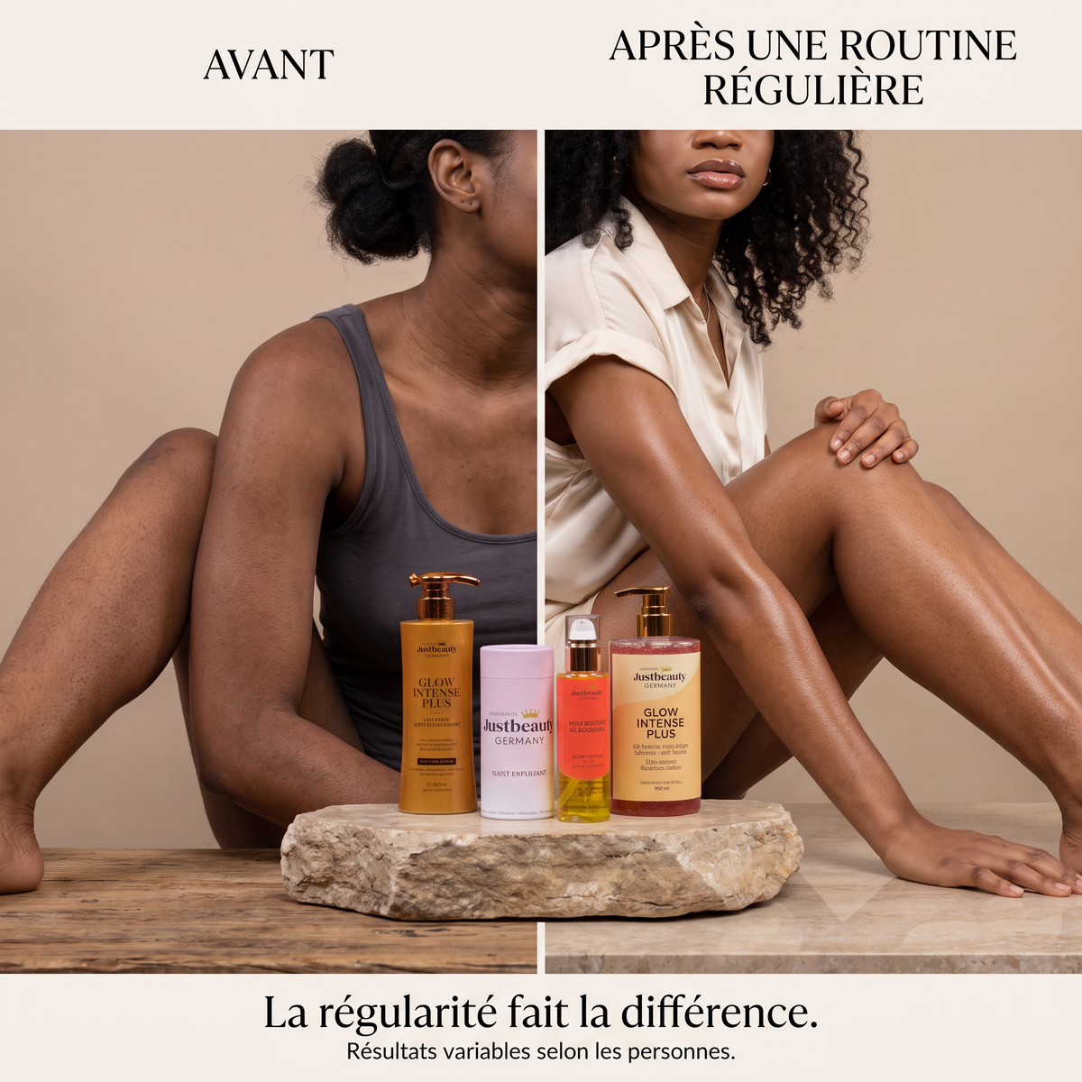 GLOW INTENSE PLUS – KIT CORPS ULTRA GLOW 4 PIÈCES + GANT DOS – RITUEL SUPER ÉCLAIRCISSANT