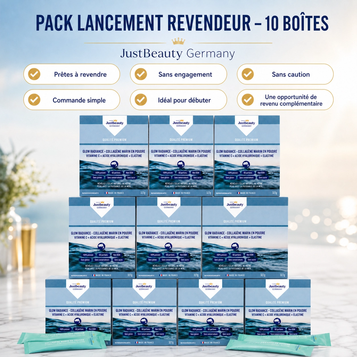 Pack Lancement Revendeur Glow Radiance – 10 Boîtes de Collagène Marin en Poudre