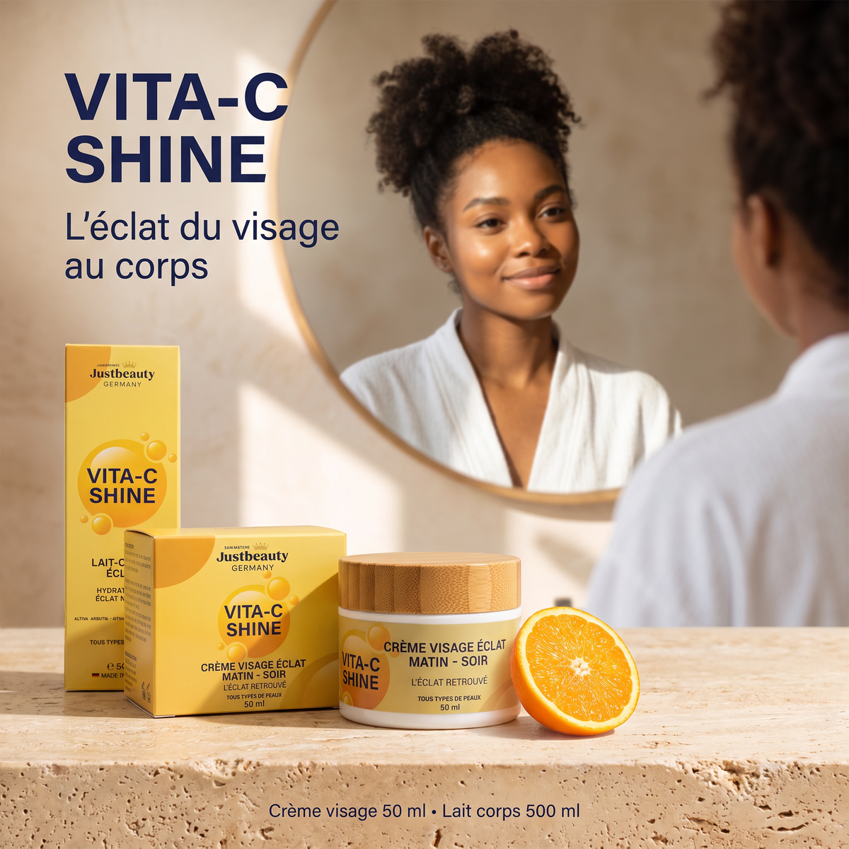 VITA-C SHINE – Duo 2 Pièces | Lait Corps 500 ml + Crème Visage 50 ml – Glow Naturel Visage & Corps