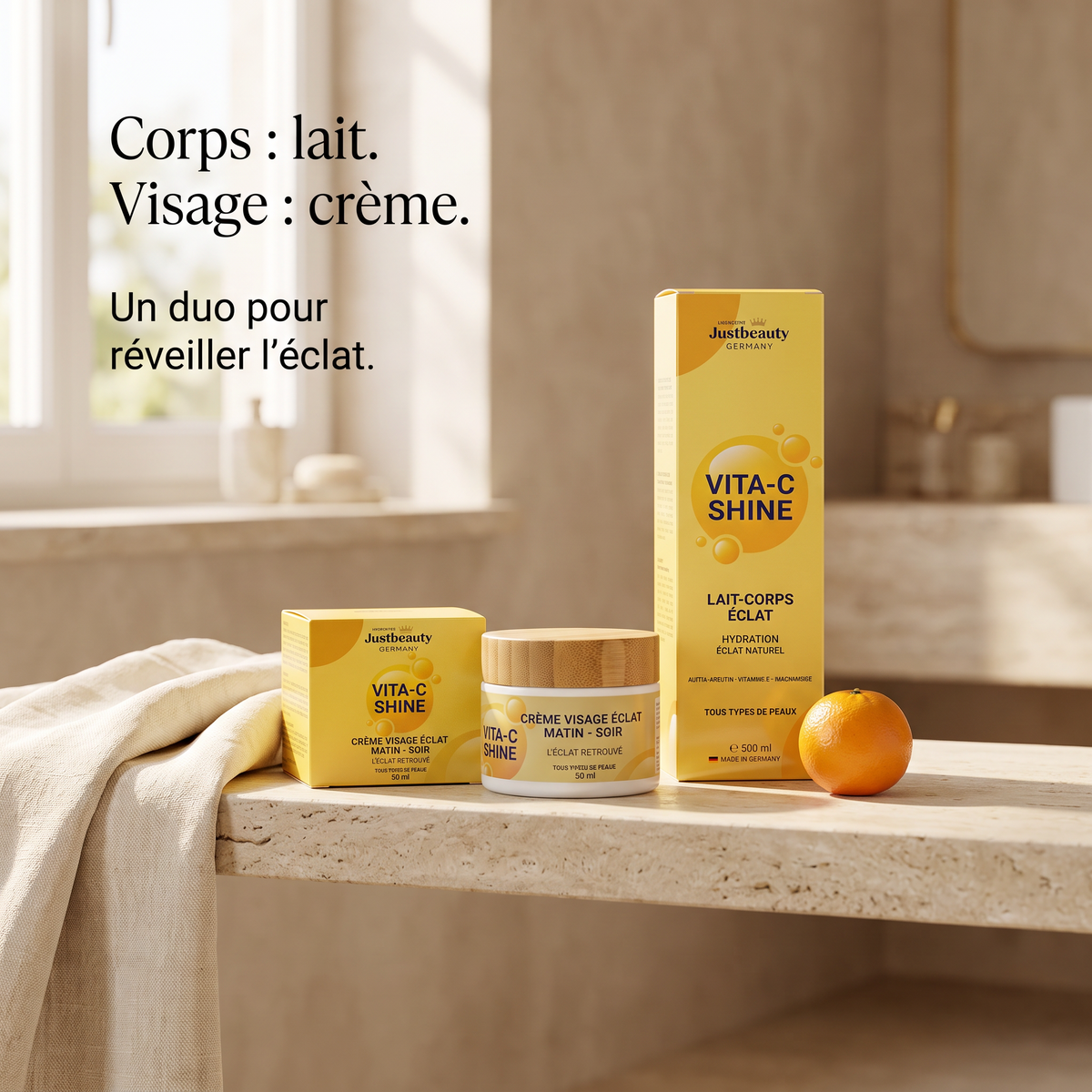 VITA-C SHINE – Duo 2 Pièces | Lait Corps 500 ml + Crème Visage 50 ml – Glow Naturel Visage & Corps