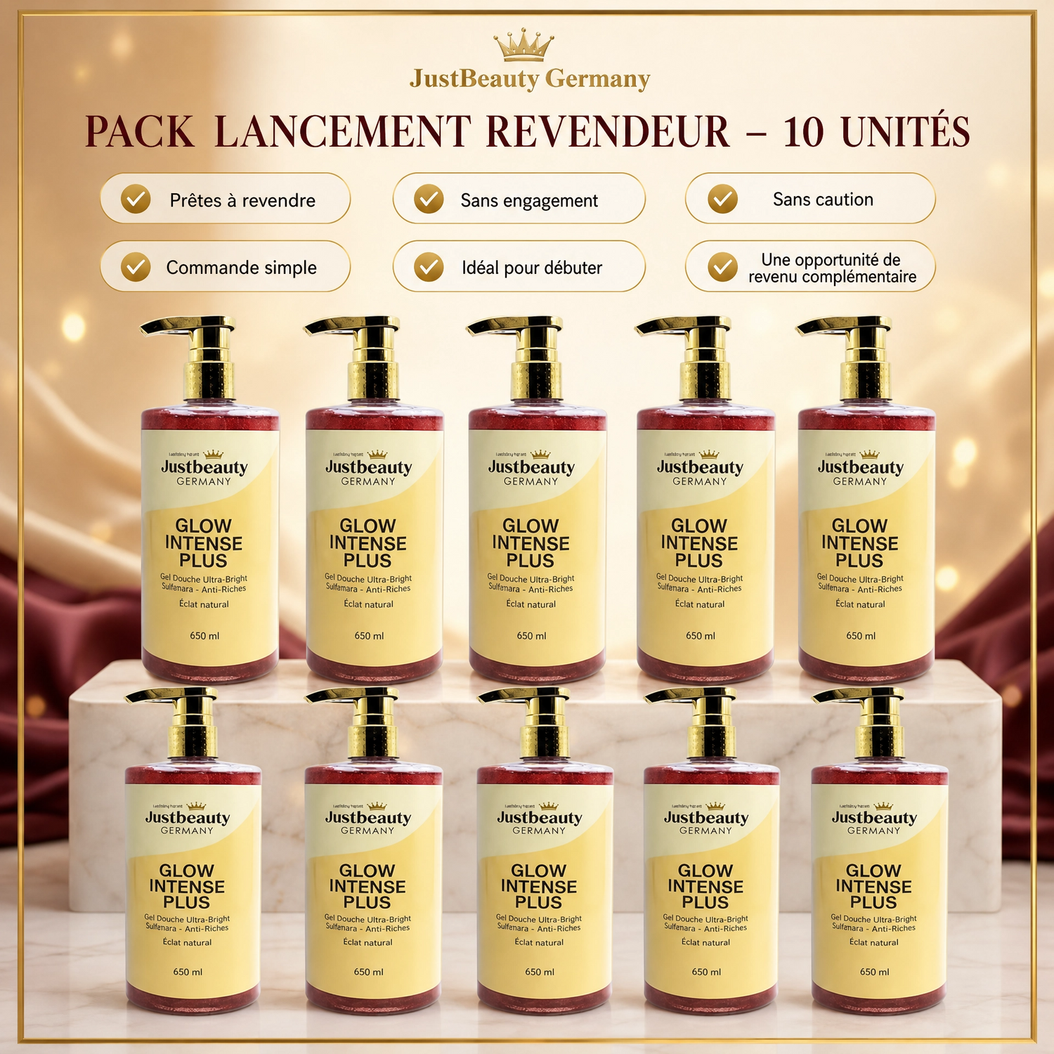 Pack Lancement Revendeur GLOW INTENSE PLUS – 10 Gels Douche Éclaircissants de 650 ml