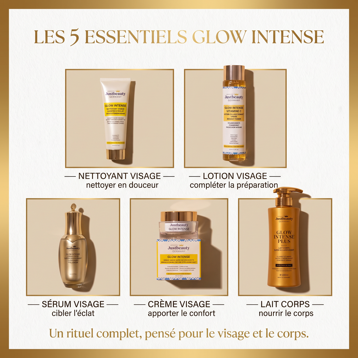 KIT VISAGE & CORPS GLOW INTENSE PLUS – ROUTINE ANTI-HYPERPIGMENTATION INTENSE AVEC CLEANSER | 5 PIÈCES