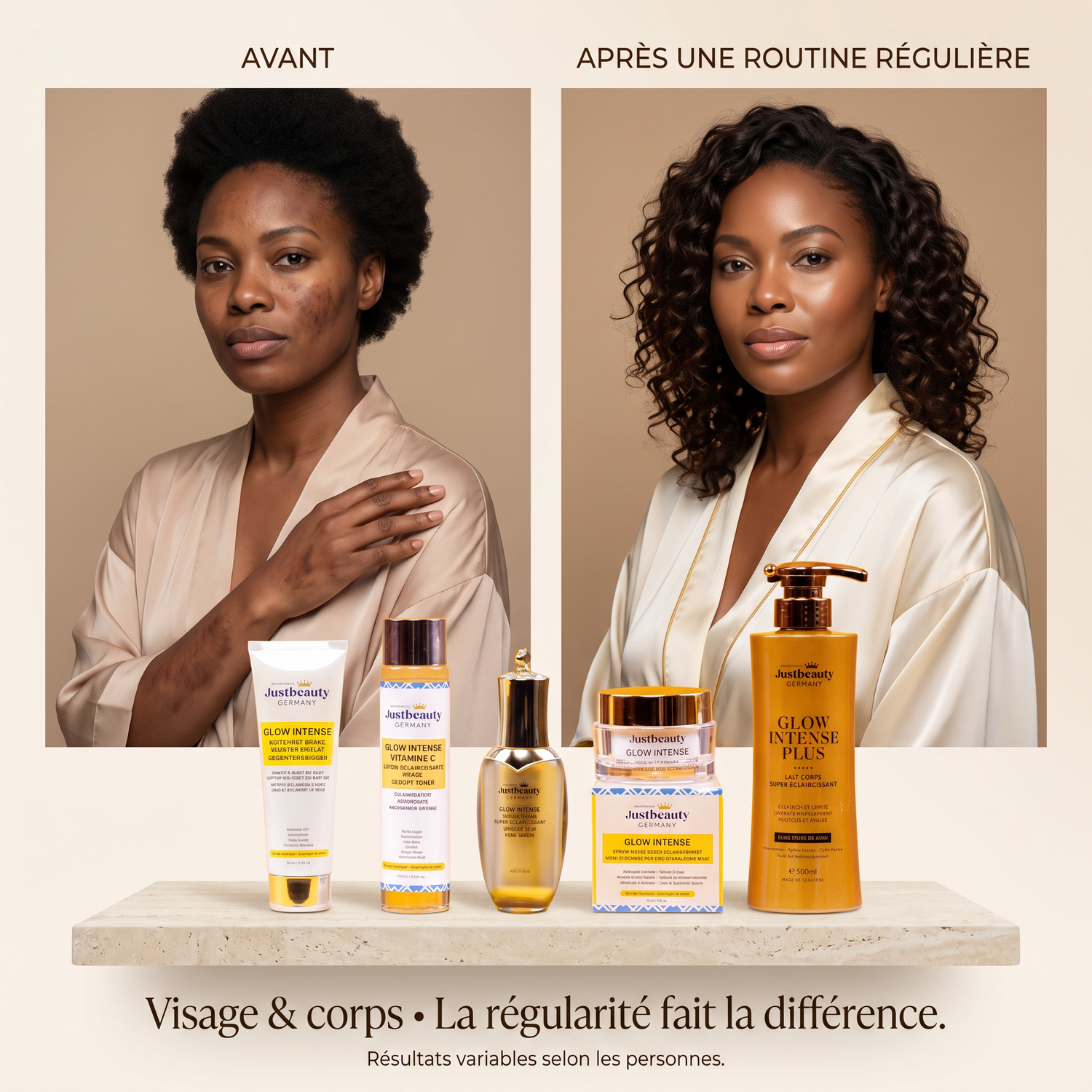 KIT VISAGE & CORPS GLOW INTENSE PLUS – ROUTINE ANTI-HYPERPIGMENTATION INTENSE AVEC CLEANSER | 5 PIÈCES