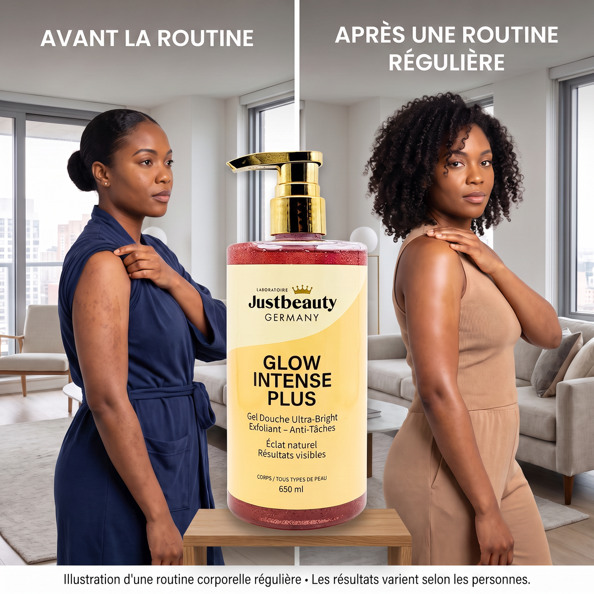 GLOW INTENSE PLUS – Gel Douche Exfoliant à Grains Super Éclaircissant | Glow Max & Teint Lumineux – 650 ml