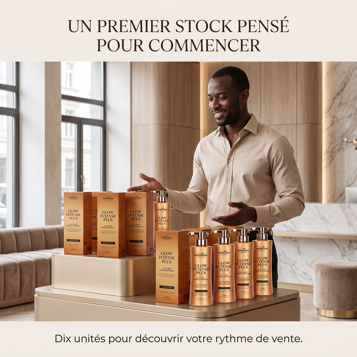 Pack Lancement Revendeur GLOW INTENSE PLUS – 10 Laits Corporels Éclat & Uniformité