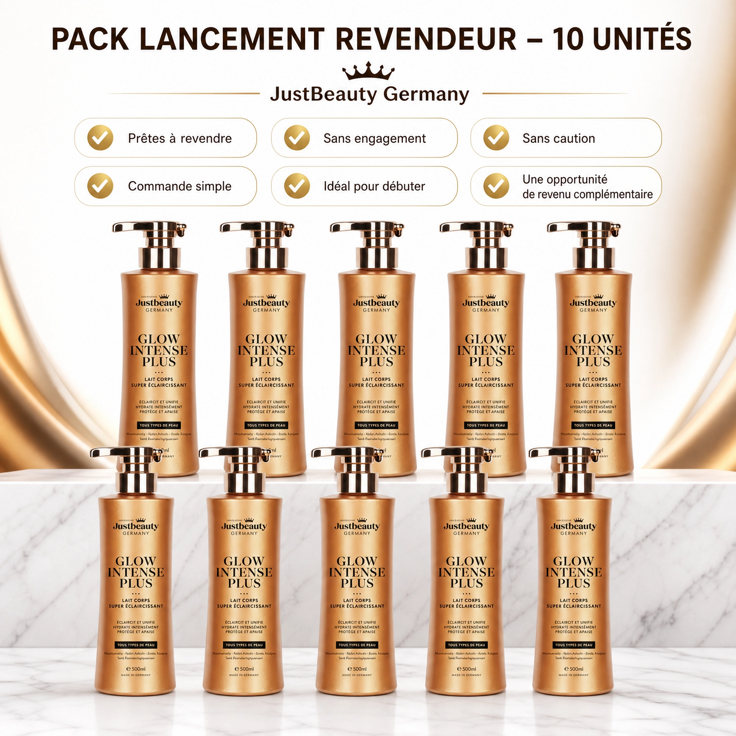 Pack Lancement Revendeur GLOW INTENSE PLUS – 10 Laits Corporels Éclat & Uniformité