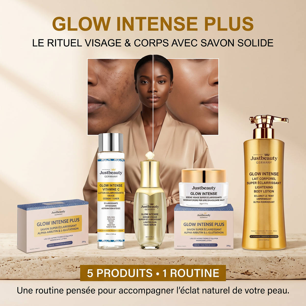 KIT GLOW INTENSE PLUS – Routine Super Éclaircissante | Visage & Corps | Savon |5 Pièces