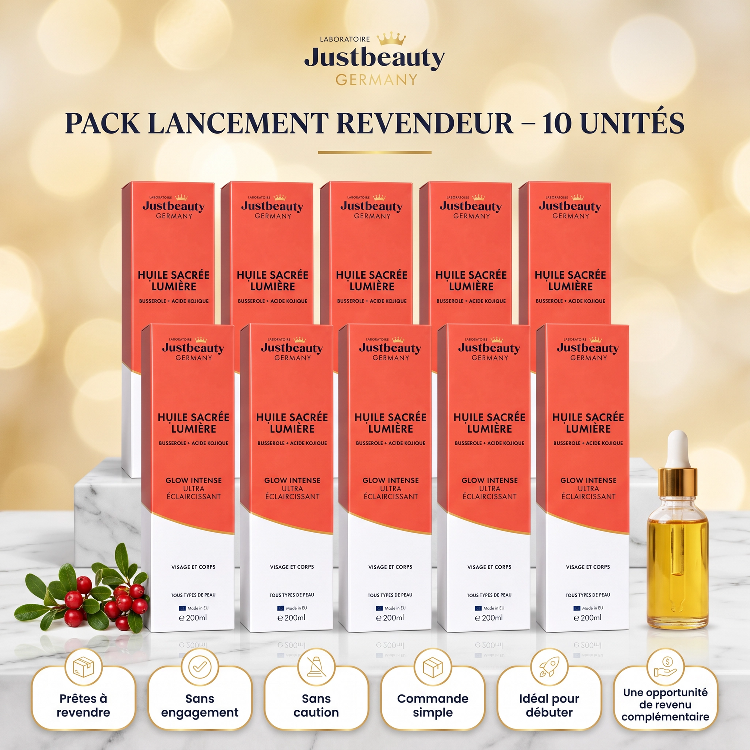 Pack Lancement Revendeur HUILE SACRÉE LUMIÈRE 200ml – 10 Huiles