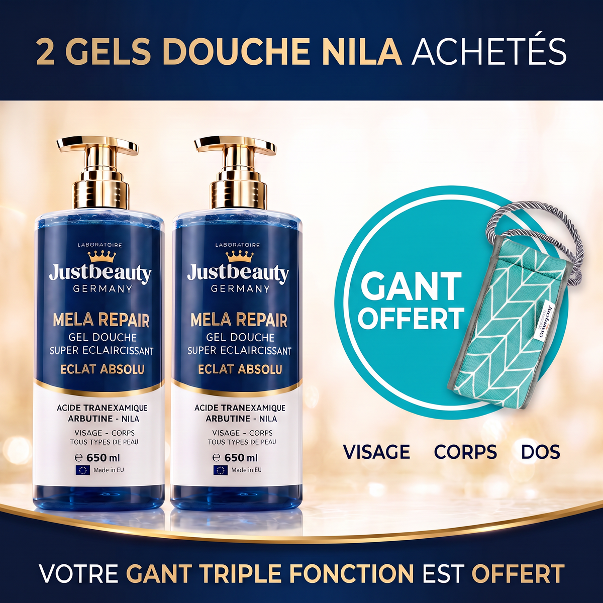 DUO Gel Douche Mela Repair  – Réparateur & Éclat | 650 ml + Gant Offert