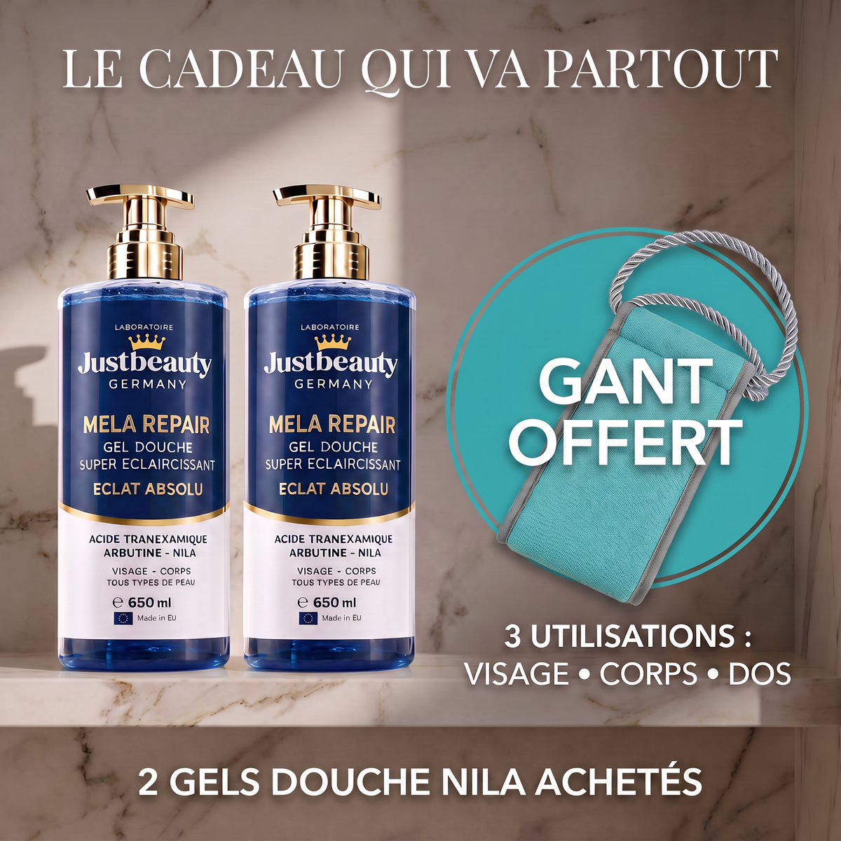 DUO Gel Douche Mela Repair  – Réparateur & Éclat | 650 ml + Gant Offert