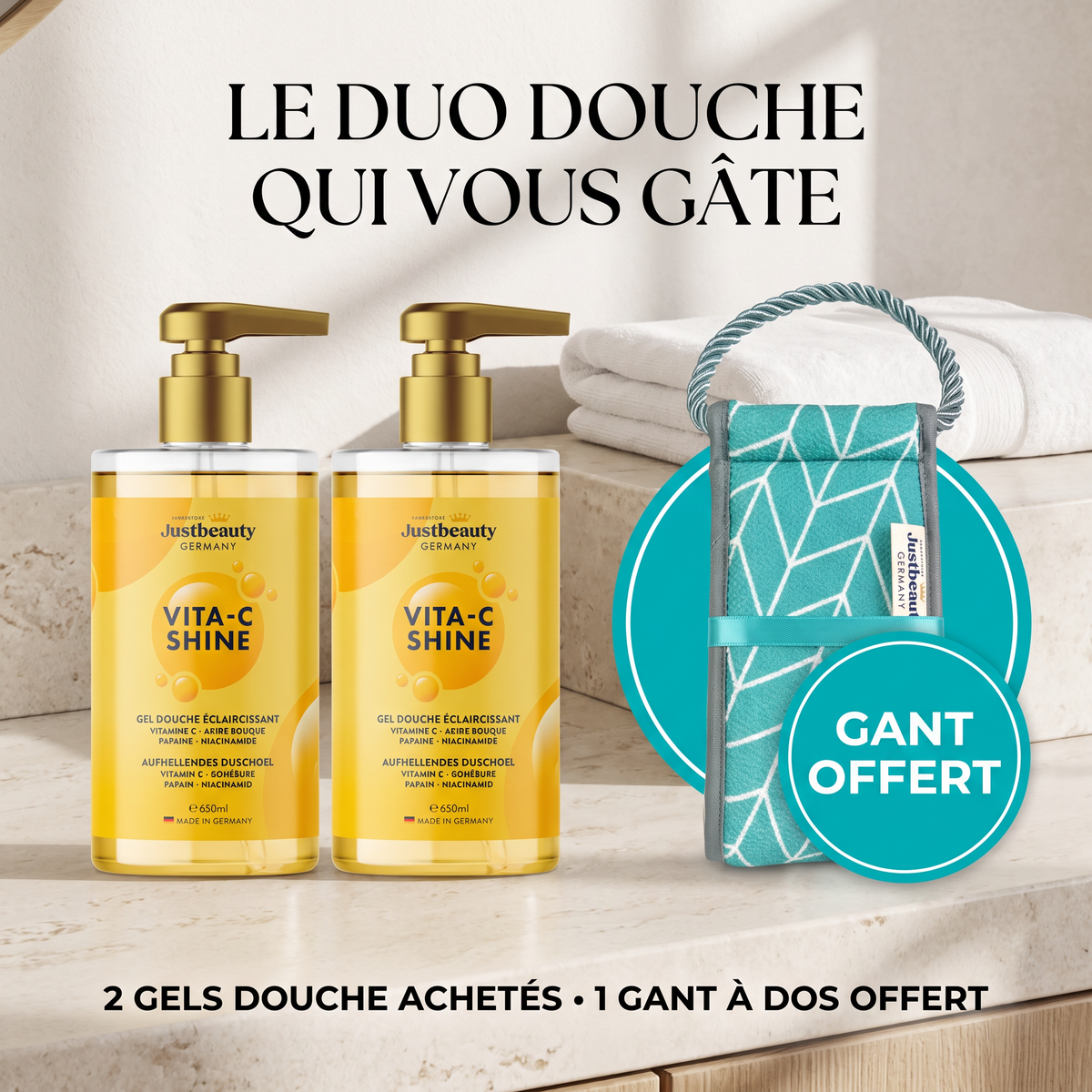 Duo Vita C Shine – Gel Douche Éclat Vitamine C 650 ml + Gant Offert