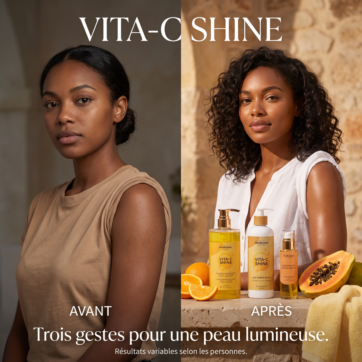 VITA-C SHINE – Trio 3 Pièces | Gel Douche + Lait Corps + Huile Booster – Peau Lumineuse & Satinée